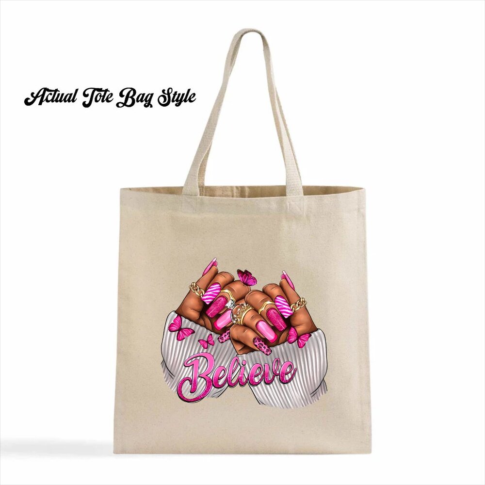 Women's Pink Ribbon Believe Nails Custom Heavy Canvas Cotton Tote Bag - Picture 2 of 4